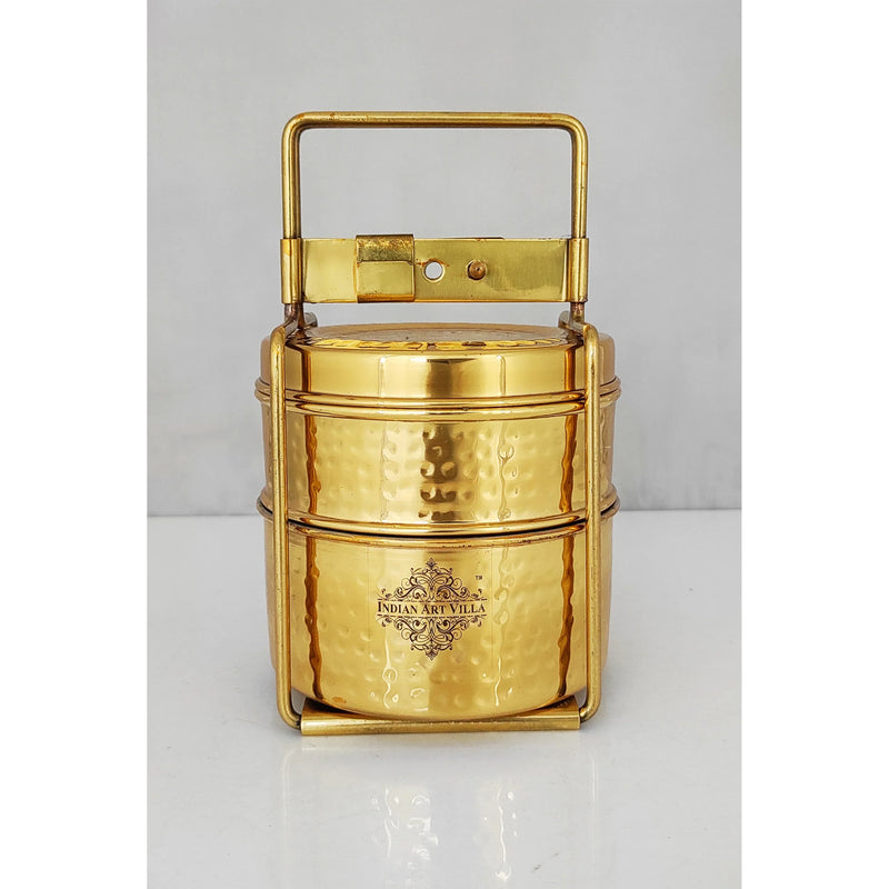 Pure Brass With Inside Tin Lining 2 &  3 Containers Lunch/Tiffin Box With Hammered Design, For Office, School & Travelling