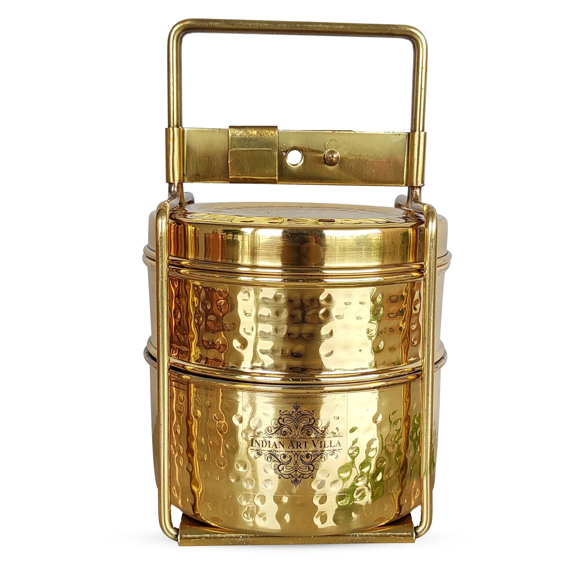 Pure Brass With Inside Tin Lining 2 &  3 Containers Lunch/Tiffin Box With Hammered Design, For Office, School & Travelling