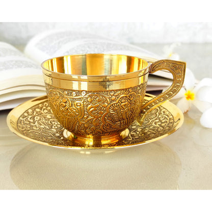 Pure Brass Embossed Design Cup & Saucer- 150 ML