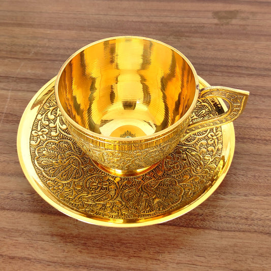 Pure Brass Embossed Design Cup & Saucer- 150 ML