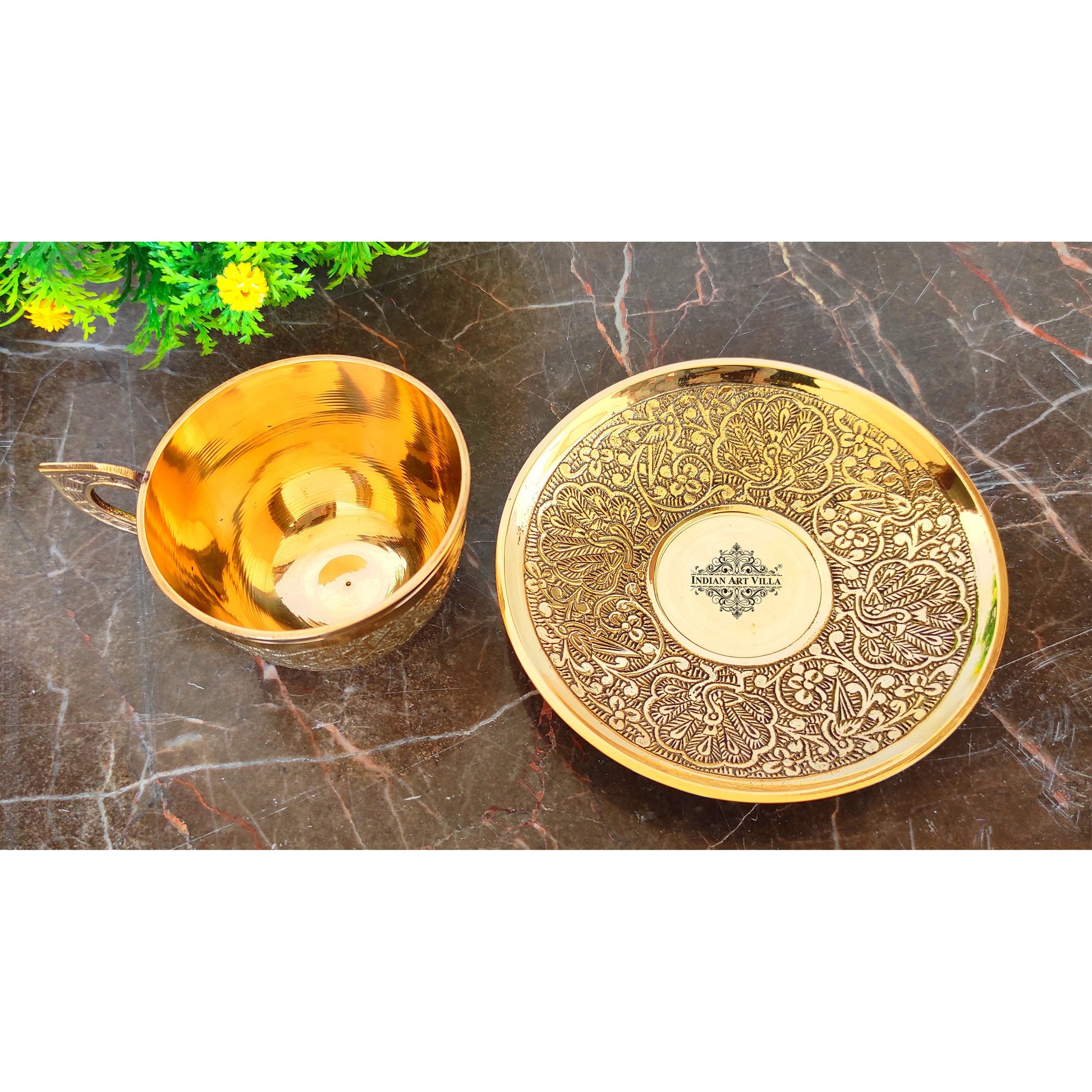 Pure Brass Embossed Design Cup & Saucer- 150 ML
