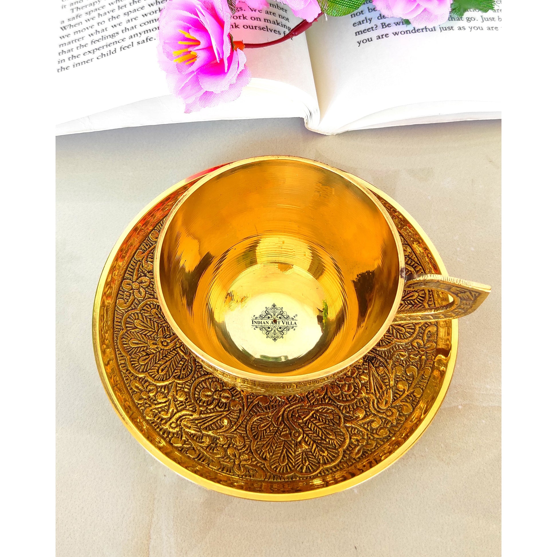 Pure Brass Embossed Design Cup & Saucer- 150 ML