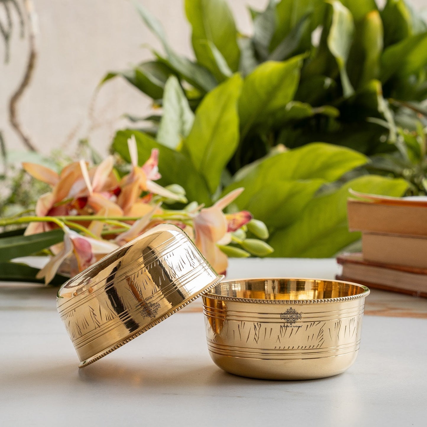 Pure Brass Bowl with Etching & Beeding – Elegant Dining Bowl Set