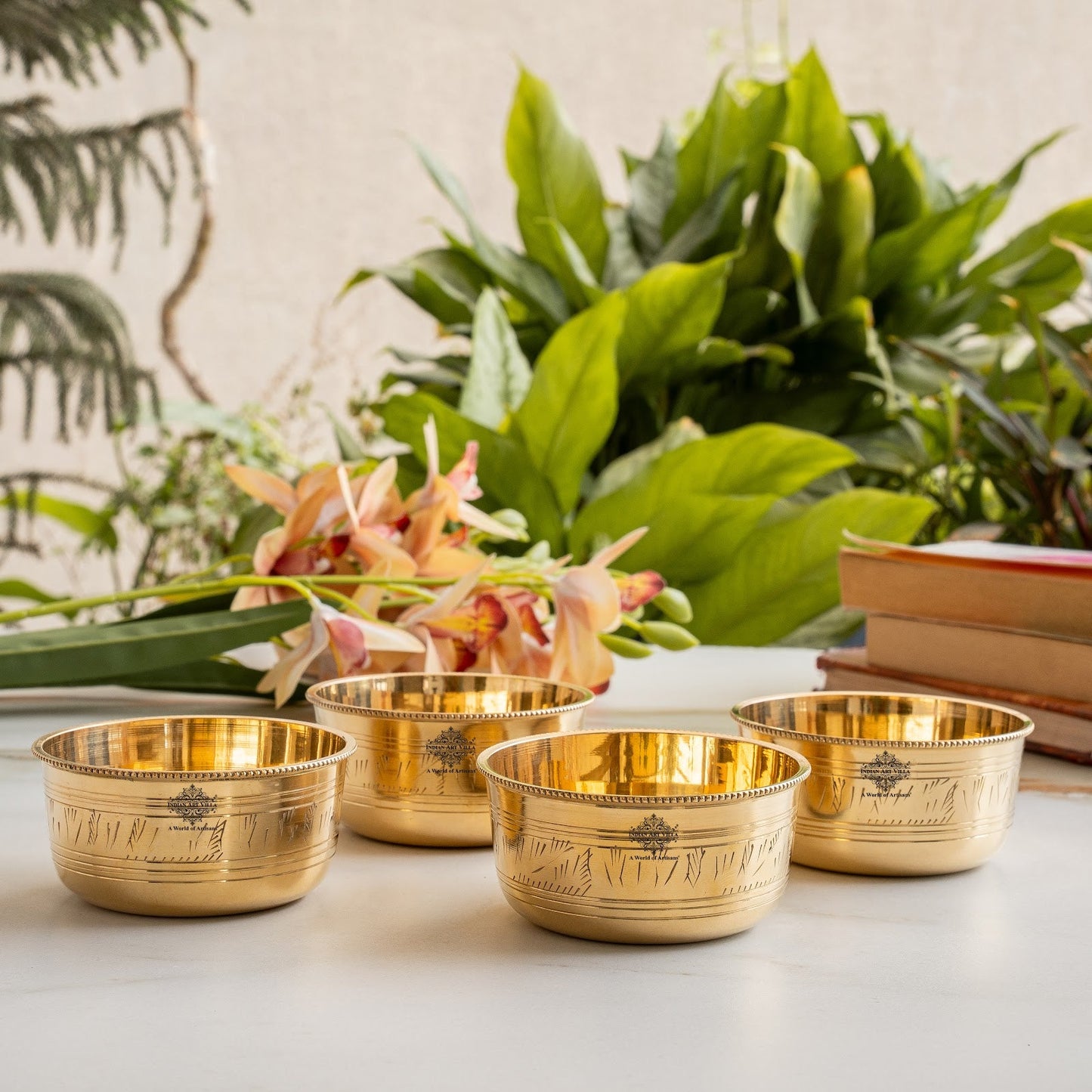 Pure Brass Bowl with Etching & Beeding – Elegant Dining Bowl Set