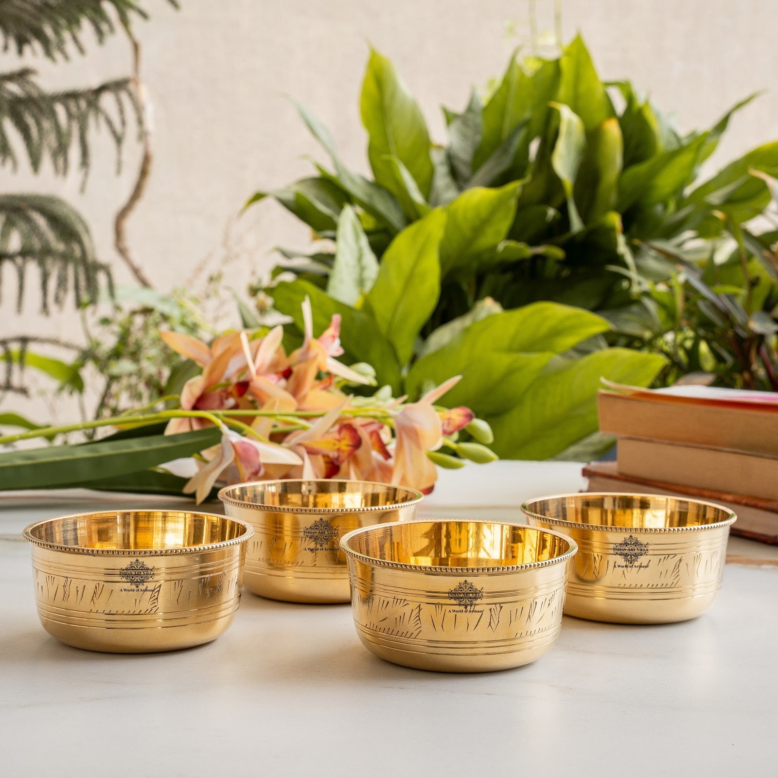 Pure Brass Bowl with Etching & Beeding – Elegant Dining Bowl Set