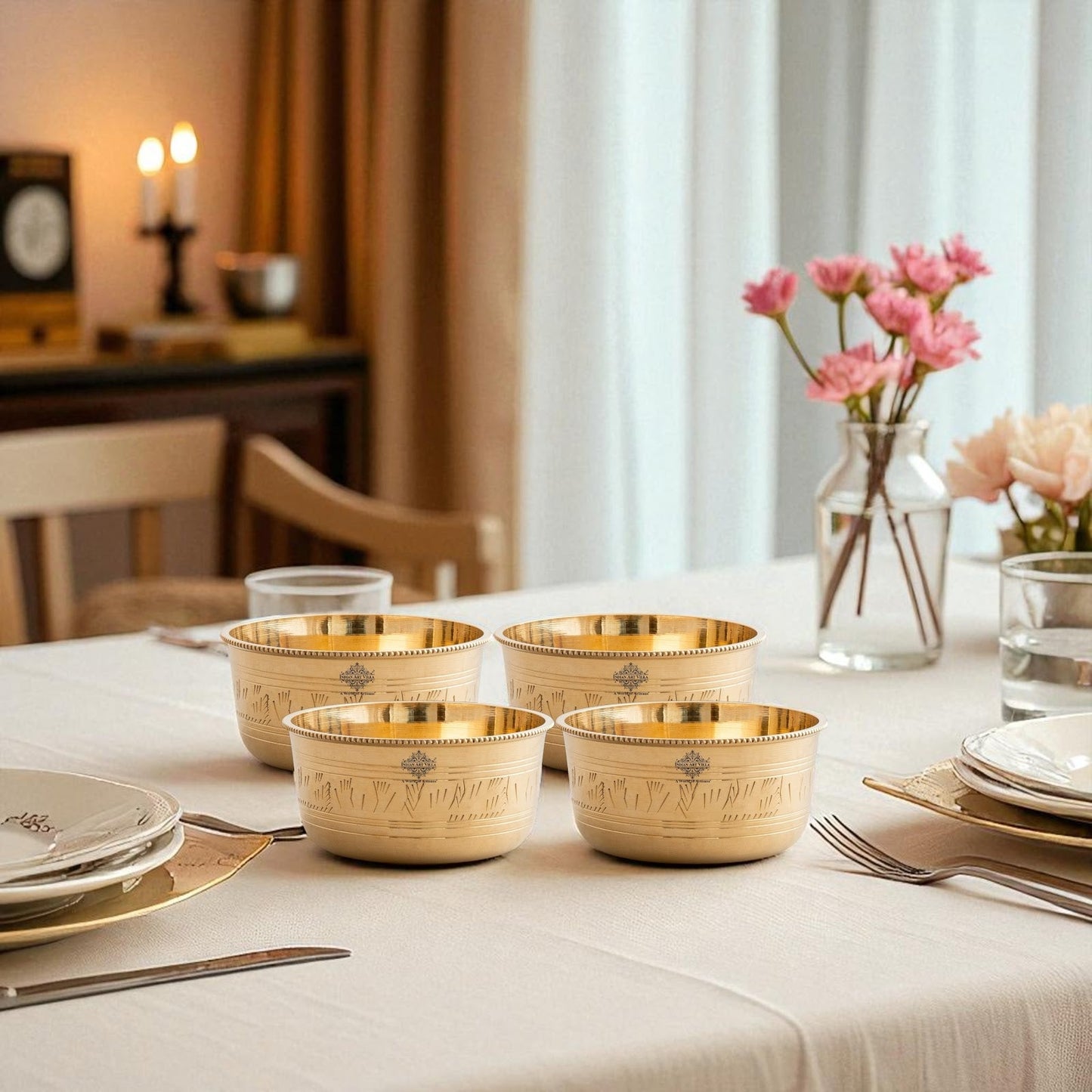 Pure Brass Bowl with Etching & Beeding – Elegant Dining Bowl Set