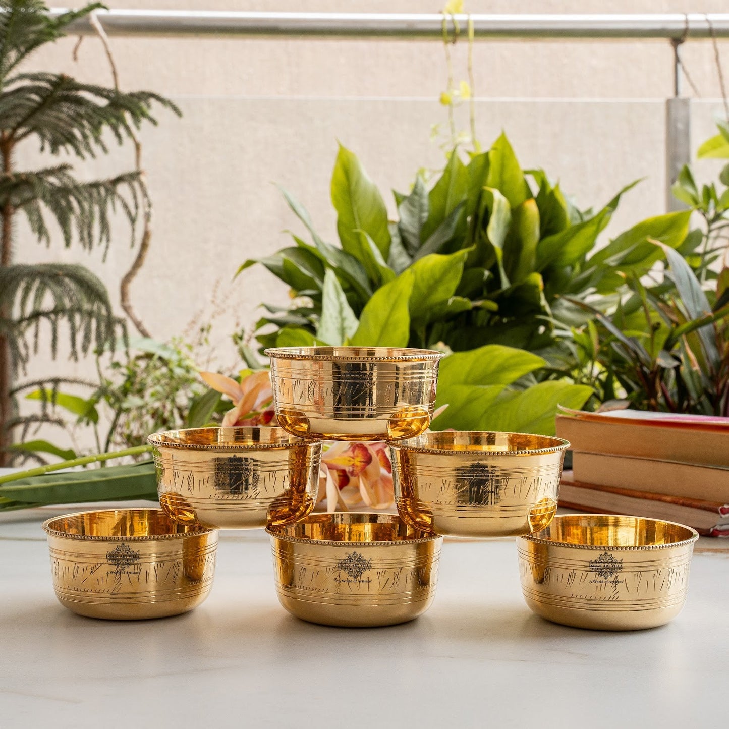 Pure Brass Bowl with Etching & Beeding – Elegant Dining Bowl Set