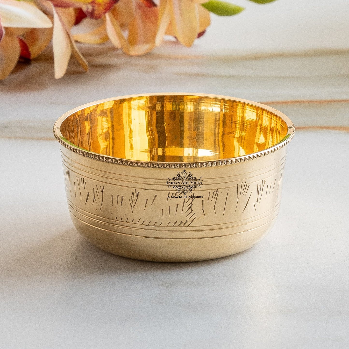 Pure Brass Bowl with Etching & Beeding – Elegant Dining Bowl Set