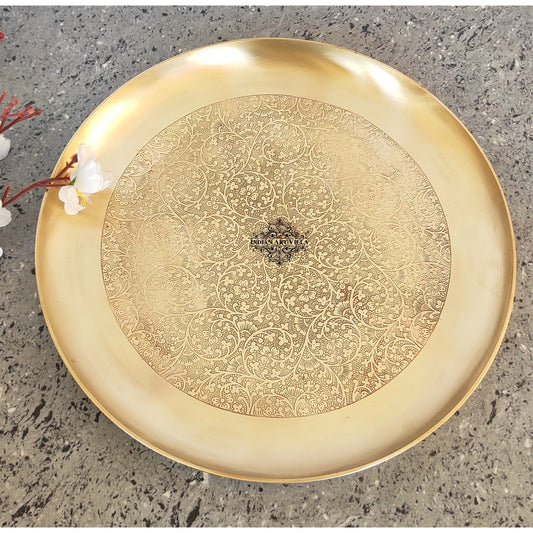 Brass Thali With Matt Finish Embossed Design, Decorative Dinnerware, Tableware and Serveware for Home Hotel Restaurant, Diameter-30.48 cm