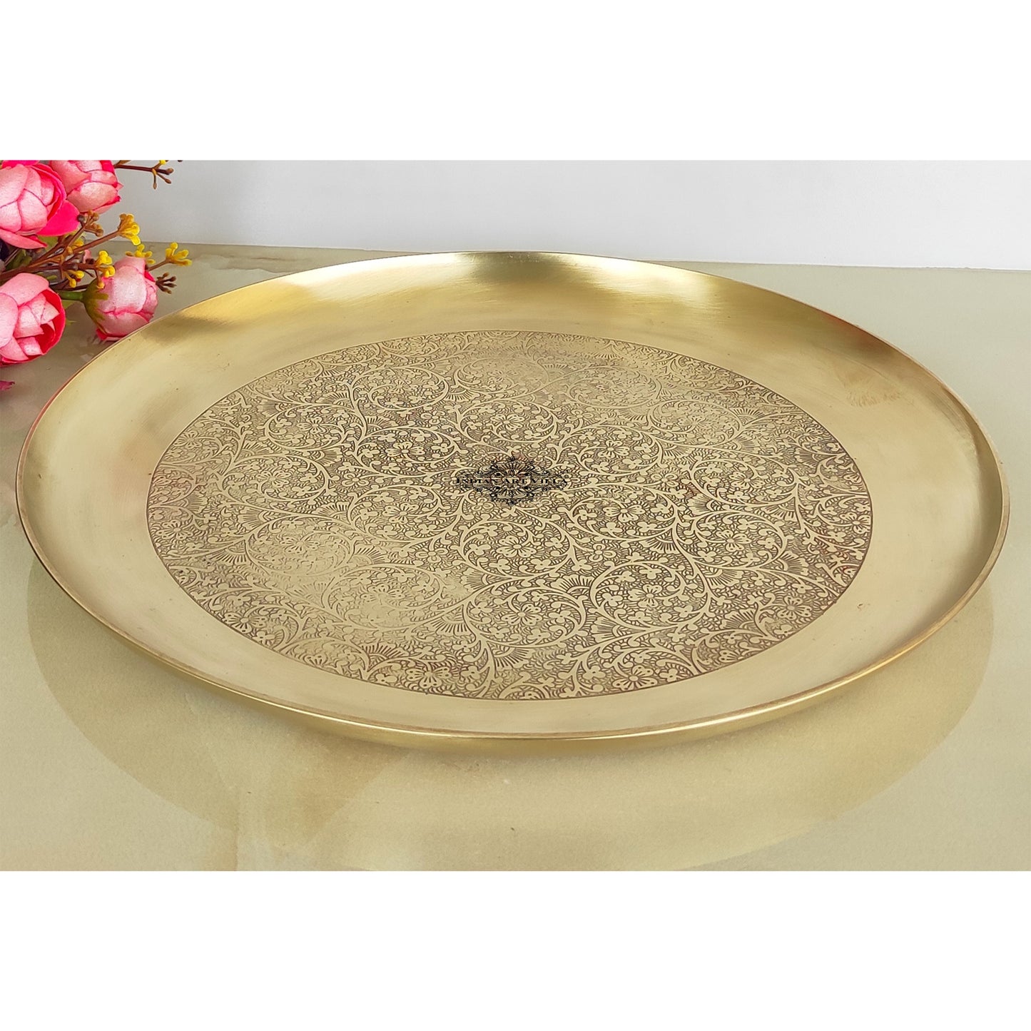 Brass Thali With Matt Finish Embossed Design, Decorative Dinnerware, Tableware and Serveware for Home Hotel Restaurant, Diameter-30.48 cm