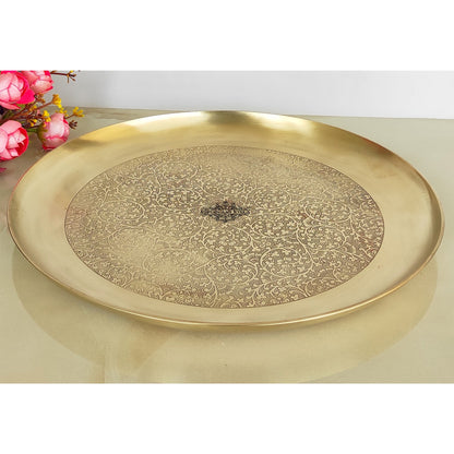 Brass Thali With Matt Finish Embossed Design, Decorative Dinnerware, Tableware and Serveware for Home Hotel Restaurant, Diameter-30.48 cm