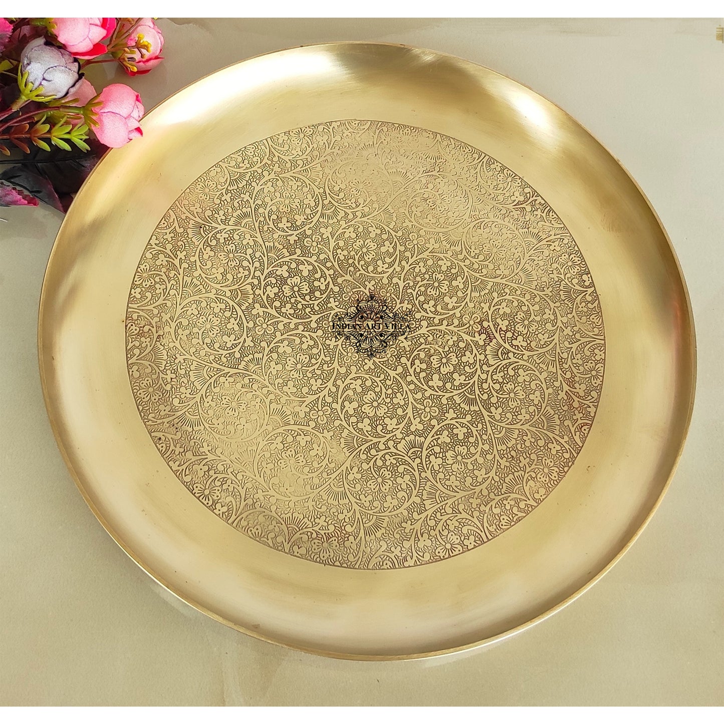 Brass Thali With Matt Finish Embossed Design, Decorative Dinnerware, Tableware and Serveware for Home Hotel Restaurant, Diameter-30.48 cm