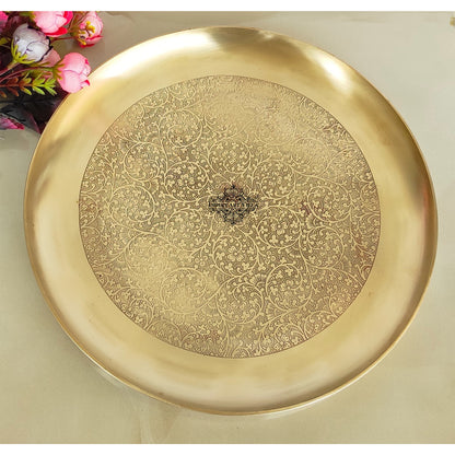 Brass Thali With Matt Finish Embossed Design, Decorative Dinnerware, Tableware and Serveware for Home Hotel Restaurant, Diameter-30.48 cm