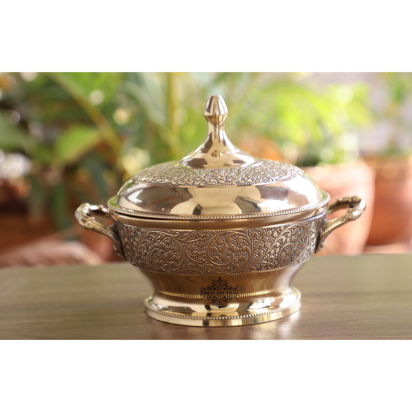 Brass Casserole With Flower Embossed Design, Serveware Tableware for Home & Hotle, Volume; 700 ML, Gold