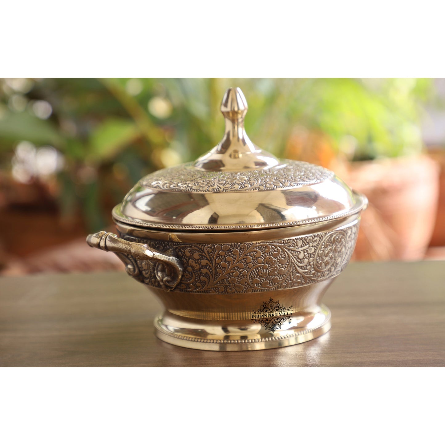 Brass Casserole With Flower Embossed Design, Serveware Tableware for Home & Hotle, Volume; 700 ML, Gold
