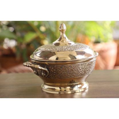 Brass Casserole With Flower Embossed Design, Serveware Tableware for Home & Hotle, Volume; 700 ML, Gold