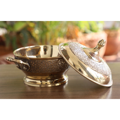 Brass Casserole With Flower Embossed Design, Serveware Tableware for Home & Hotle, Volume; 700 ML, Gold