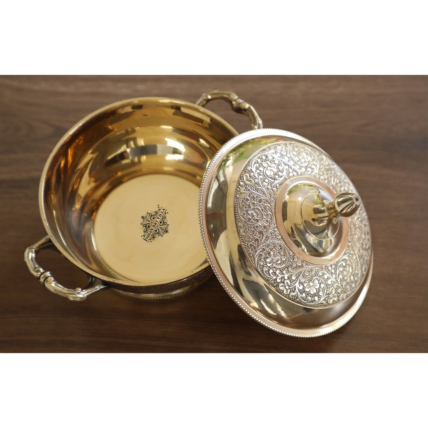Brass Casserole With Flower Embossed Design, Serveware Tableware for Home & Hotle, Volume; 700 ML, Gold