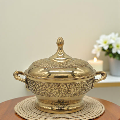 Brass Casserole With Flower Embossed Design, Serveware Tableware for Home & Hotle, Volume; 700 ML, Gold