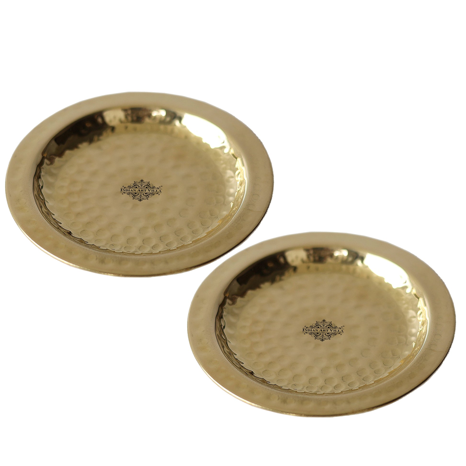 Handcrafted Pure Brass Coaster With Hammered Design, Diameter-11.43 cm, Gold