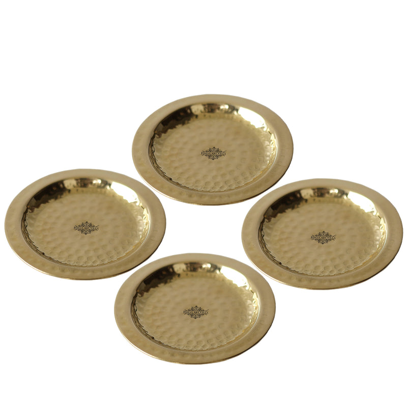 Handcrafted Pure Brass Coaster With Hammered Design, Diameter-11.43 cm, Gold