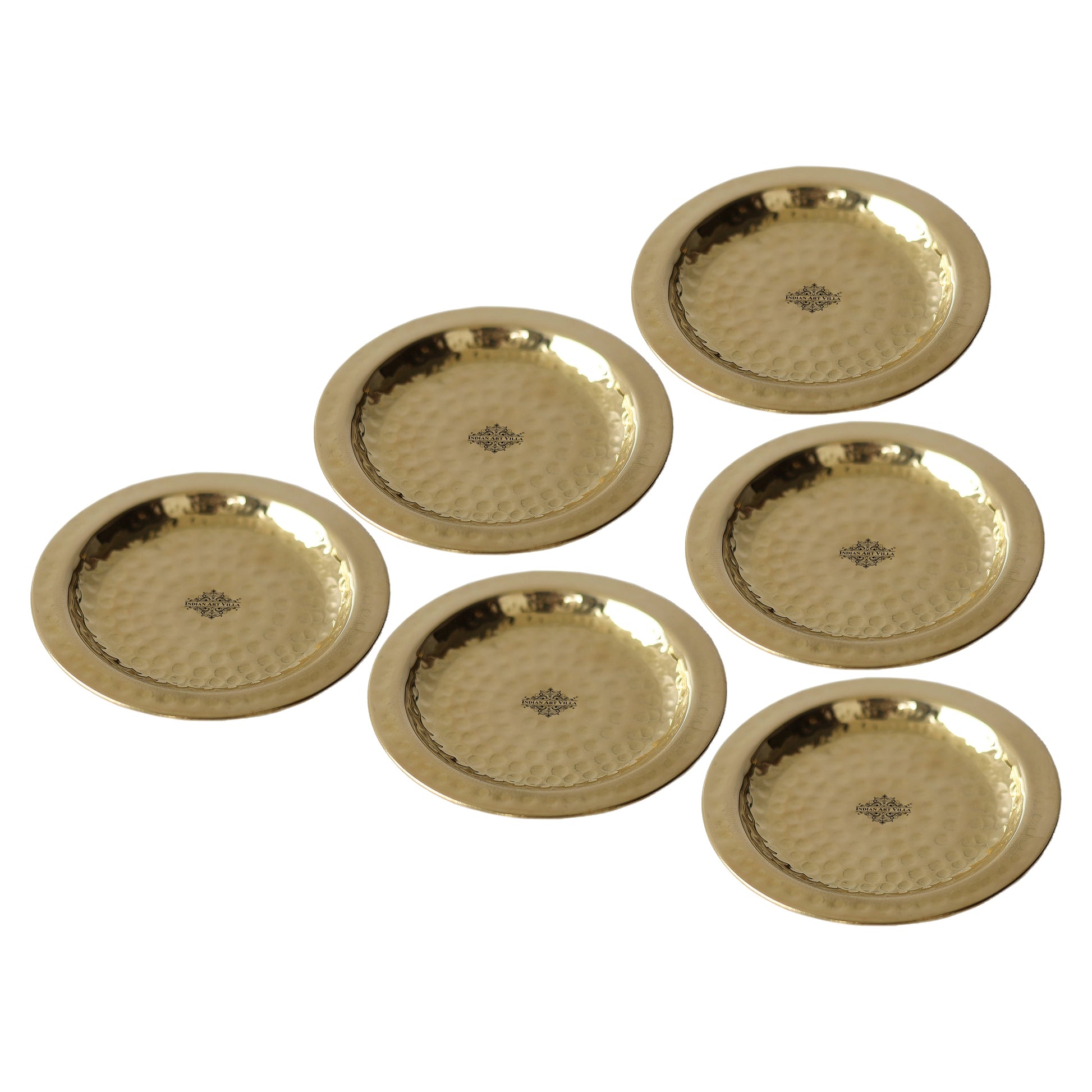 Handcrafted Pure Brass Coaster With Hammered Design, Diameter-11.43 cm, Gold