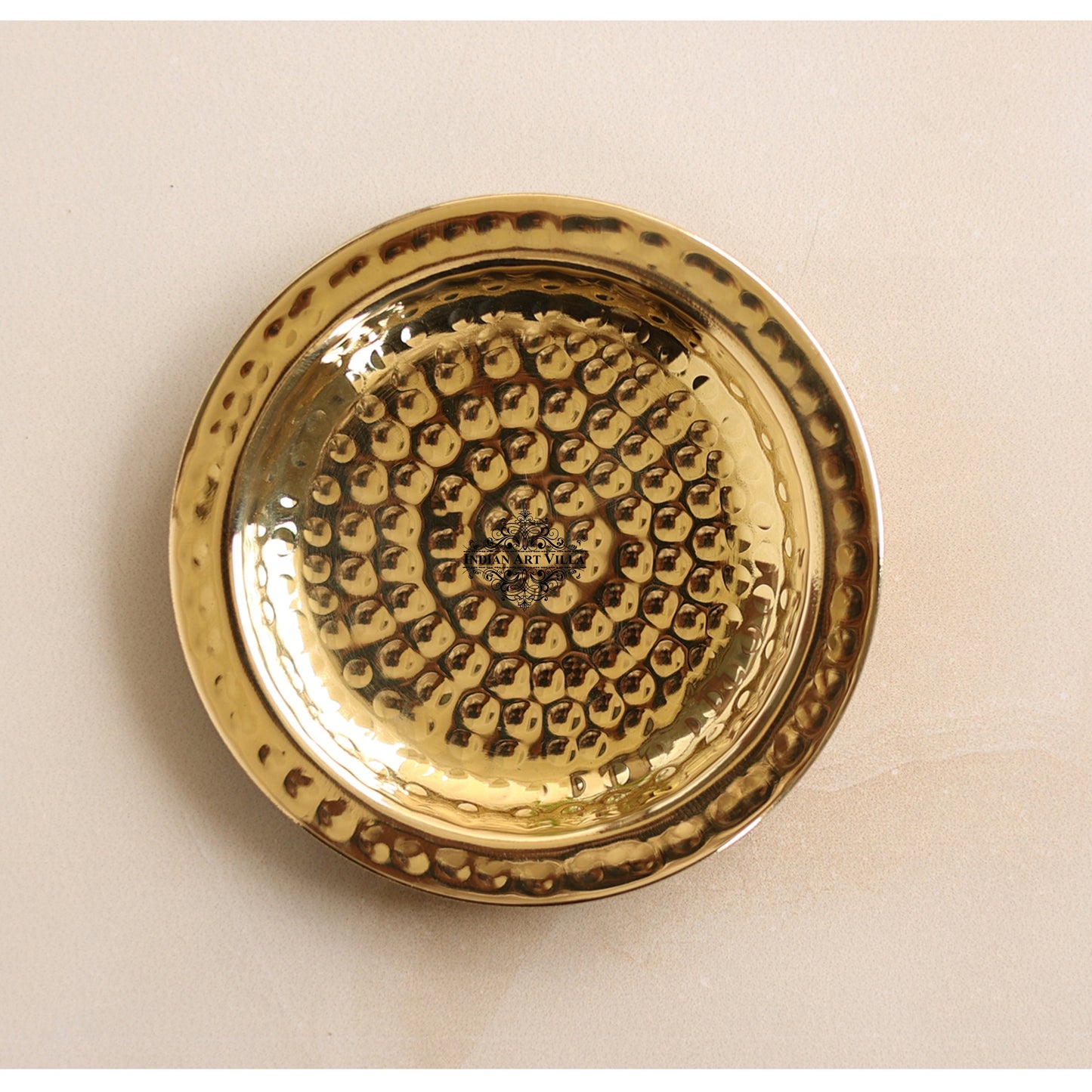 Handcrafted Pure Brass Coaster With Hammered Design, Diameter-11.43 cm, Gold