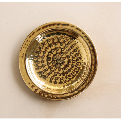 Handcrafted Pure Brass Coaster With Hammered Design, Diameter-11.43 cm, Gold