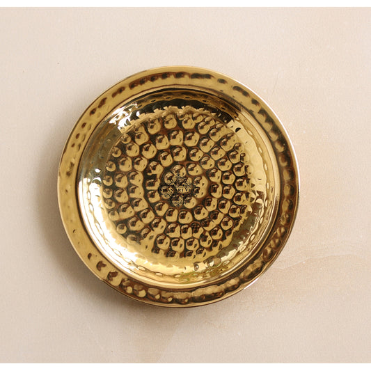 Handcrafted Pure Brass Coaster With Hammered Design, Diameter-11.43 cm, Gold