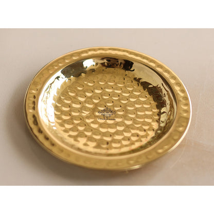 Handcrafted Pure Brass Coaster With Hammered Design, Diameter-11.43 cm, Gold