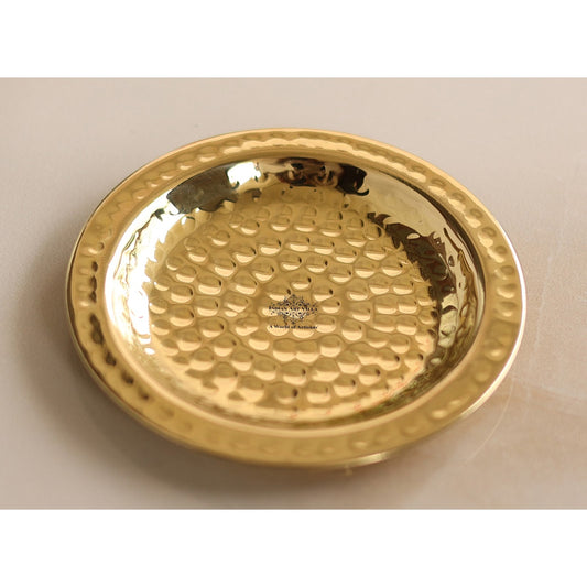 Handcrafted Pure Brass Coaster With Hammered Design, Diameter-11.43 cm, Gold