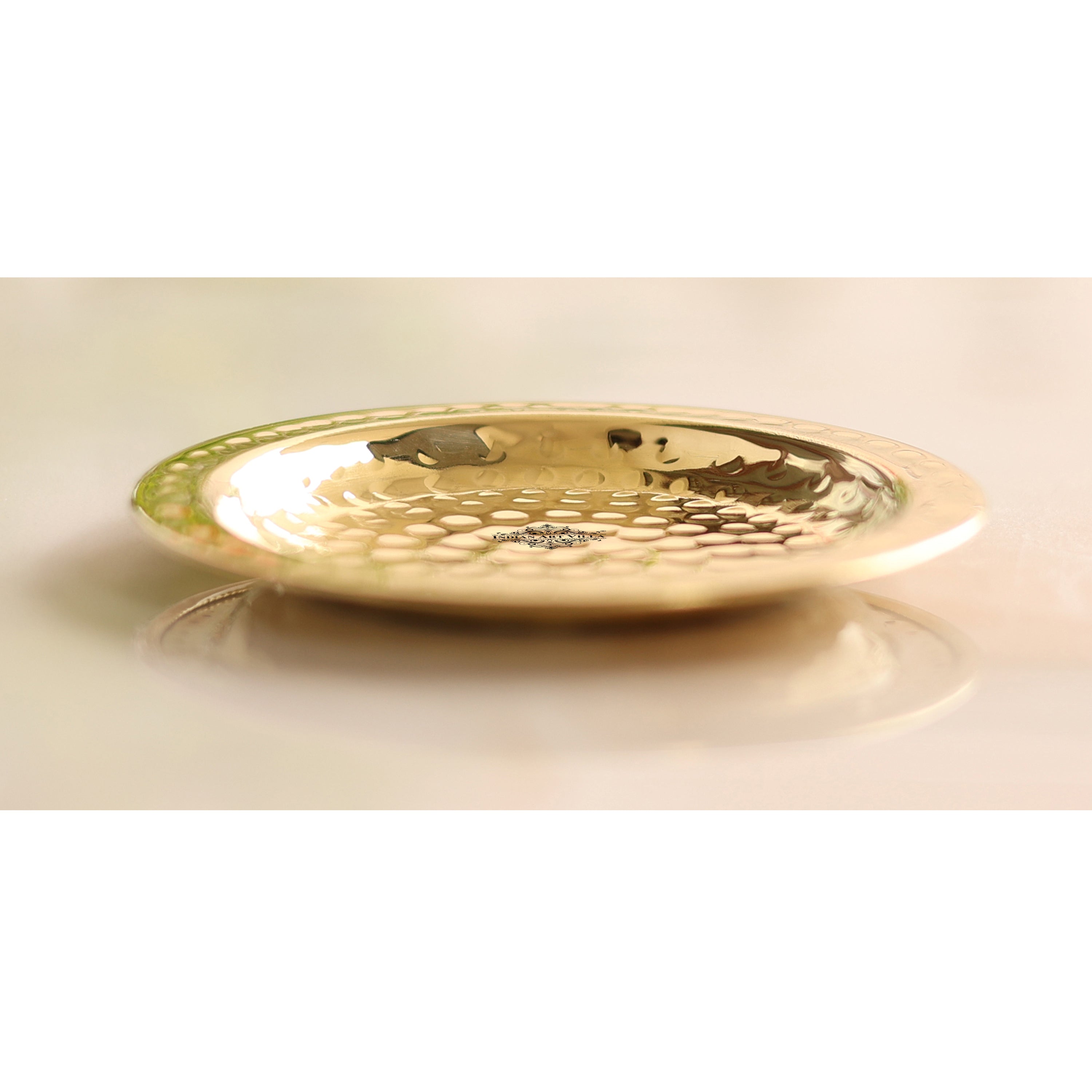 Handcrafted Pure Brass Coaster With Hammered Design, Diameter-11.43 cm, Gold