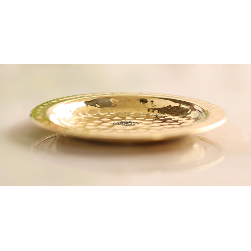 Handcrafted Pure Brass Coaster With Hammered Design, Diameter-11.43 cm, Gold