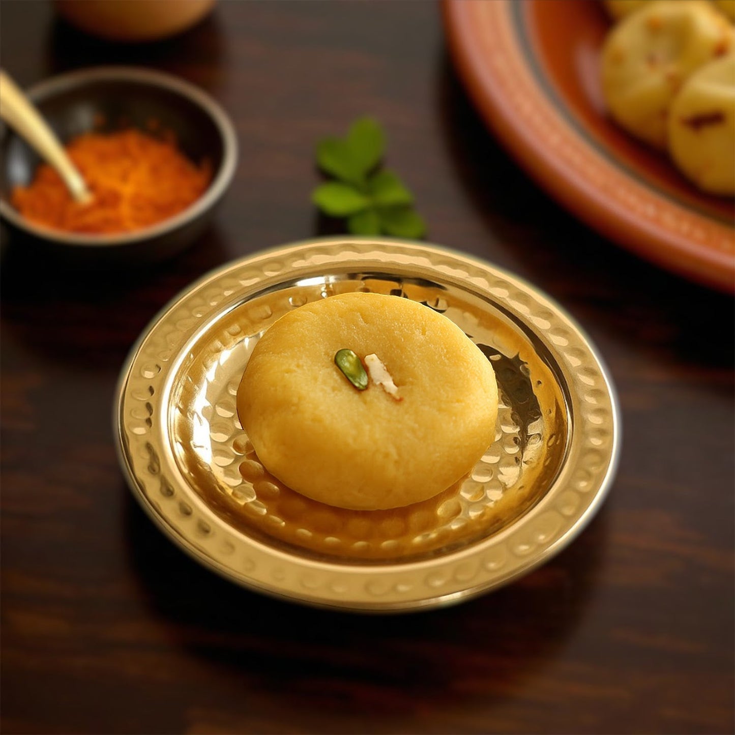 Handcrafted Pure Brass Coaster With Hammered Design, Diameter-11.43 cm, Gold