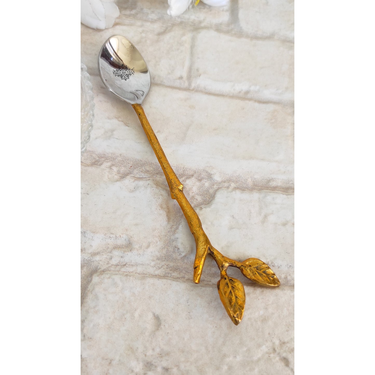Steel Brass Spoon With Antique Leaf Design Length:- 15.24 cm