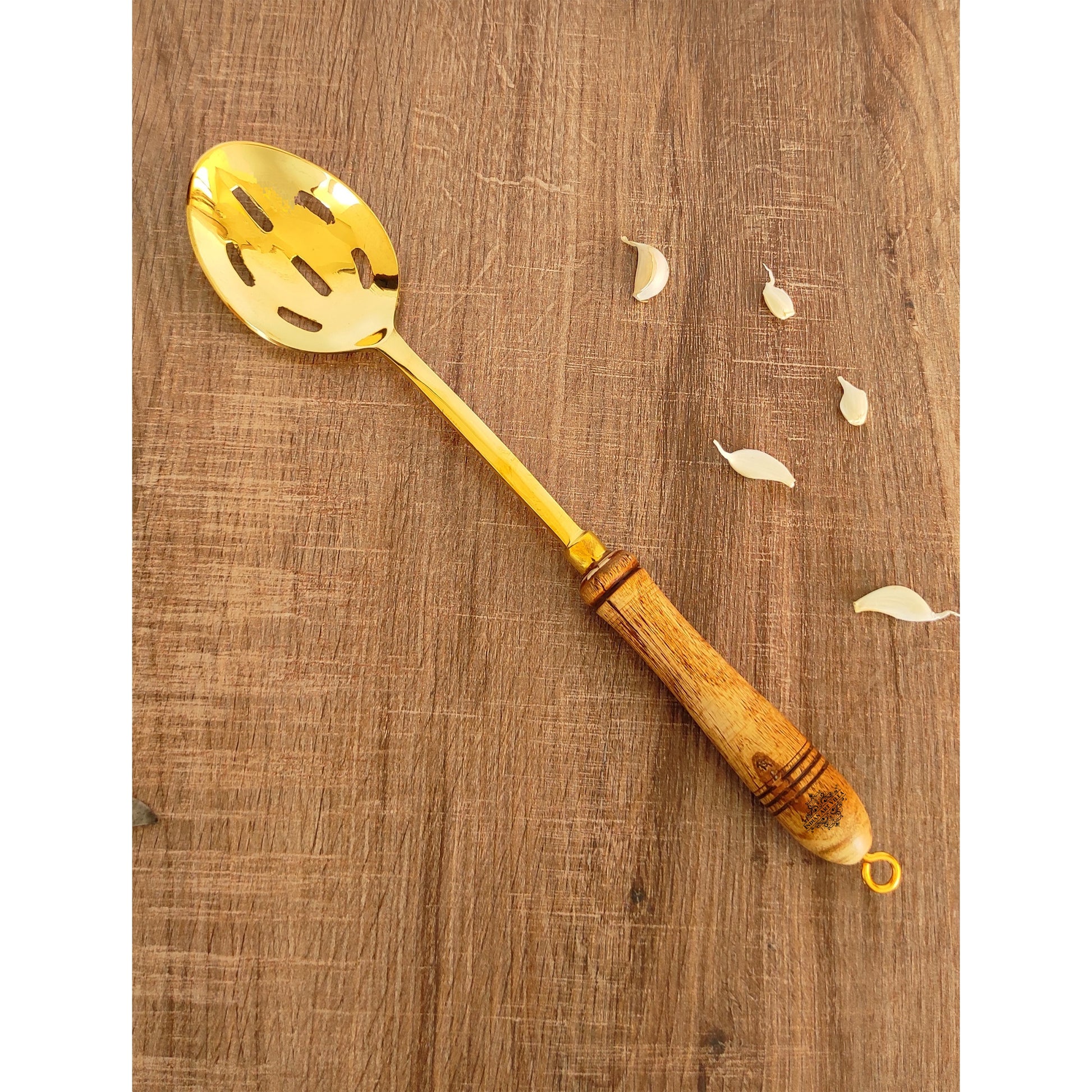 Pure Brass Gold Rice Spoon With Wooden Handle - Length - 35.31 cm