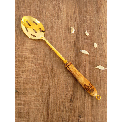 Pure Brass Gold Rice Spoon With Wooden Handle - Length - 35.31 cm