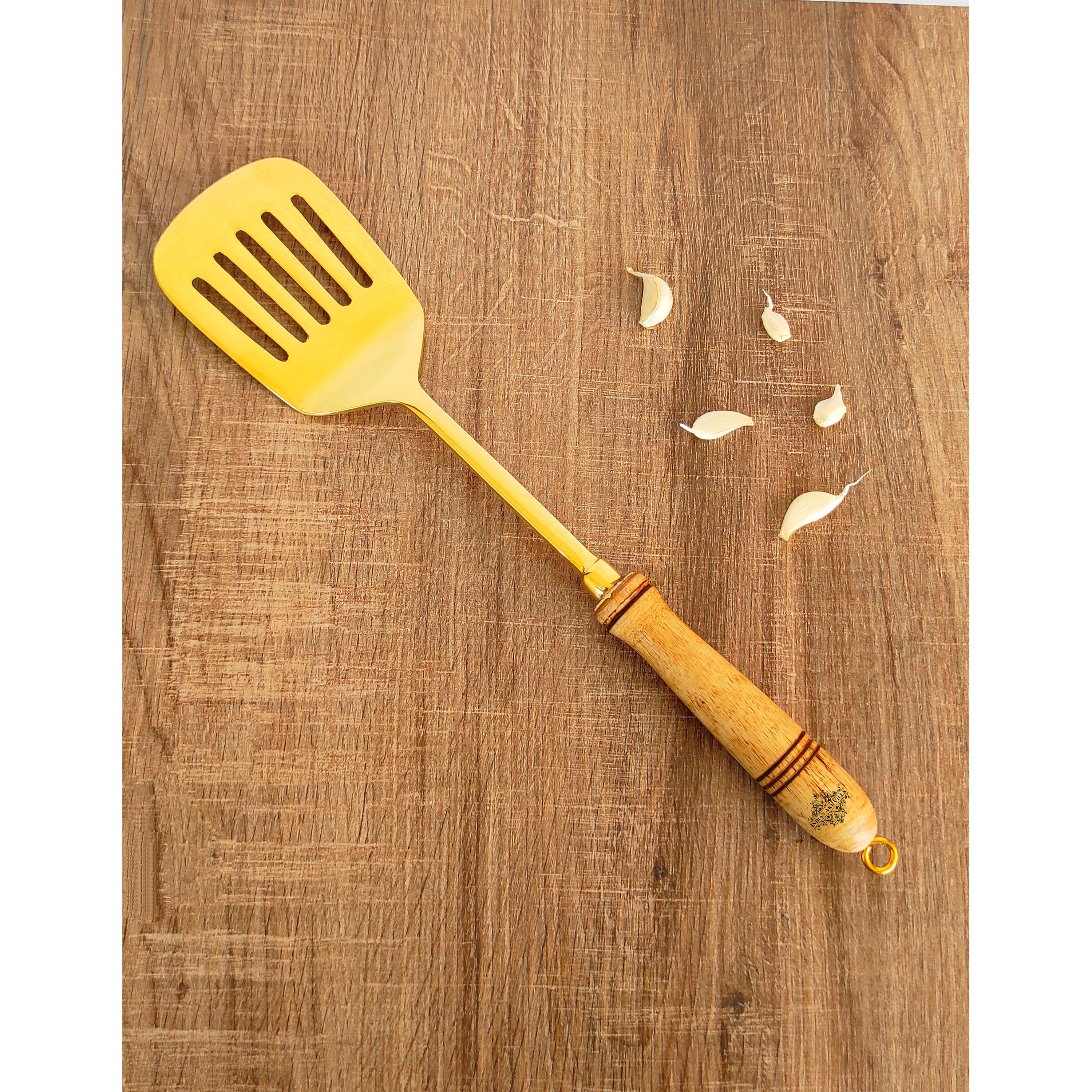 Pure Brass Gold Tavetha / Slotted Turner for Dosa, Roti, Chapati With Wooden Handle - Length - 37.59 cm