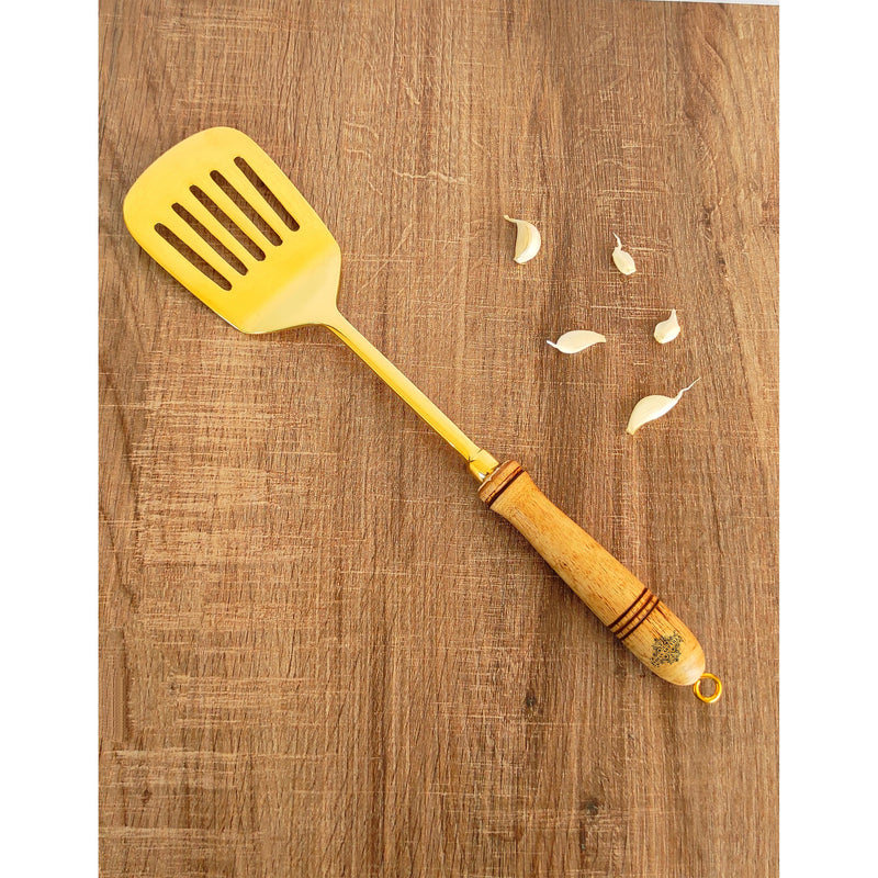 Pure Brass Gold Tavetha / Slotted Turner for Dosa, Roti, Chapati With Wooden Handle - Length - 37.59 cm