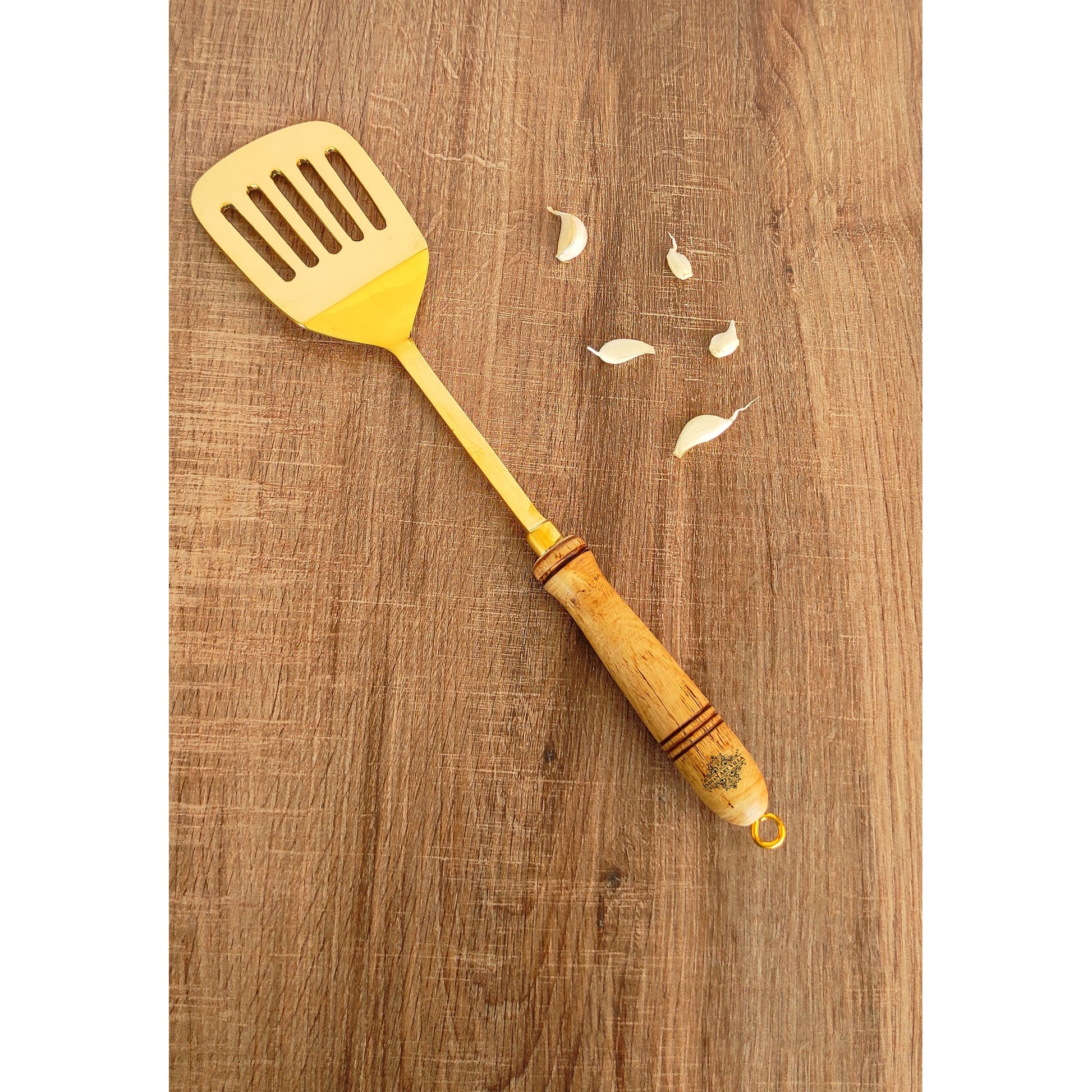 Pure Brass Gold Tavetha / Slotted Turner for Dosa, Roti, Chapati With Wooden Handle - Length - 37.59 cm