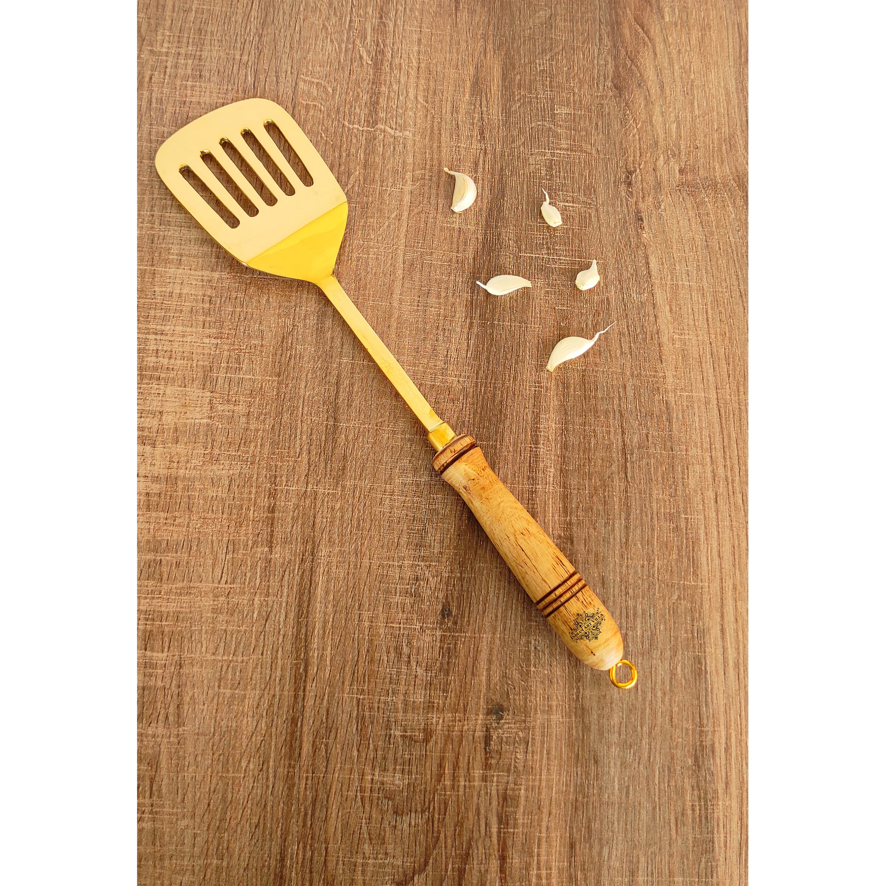 Pure Brass Gold Tavetha / Slotted Turner for Dosa, Roti, Chapati With Wooden Handle - Length - 37.59 cm
