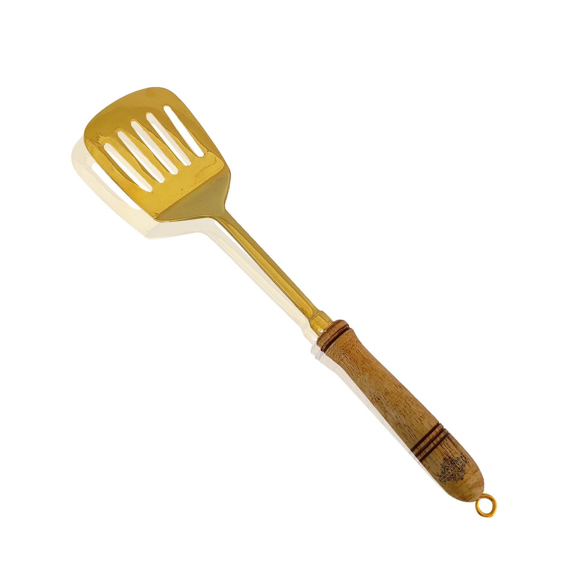 Pure Brass Gold Tavetha / Slotted Turner for Dosa, Roti, Chapati With Wooden Handle - Length - 37.59 cm