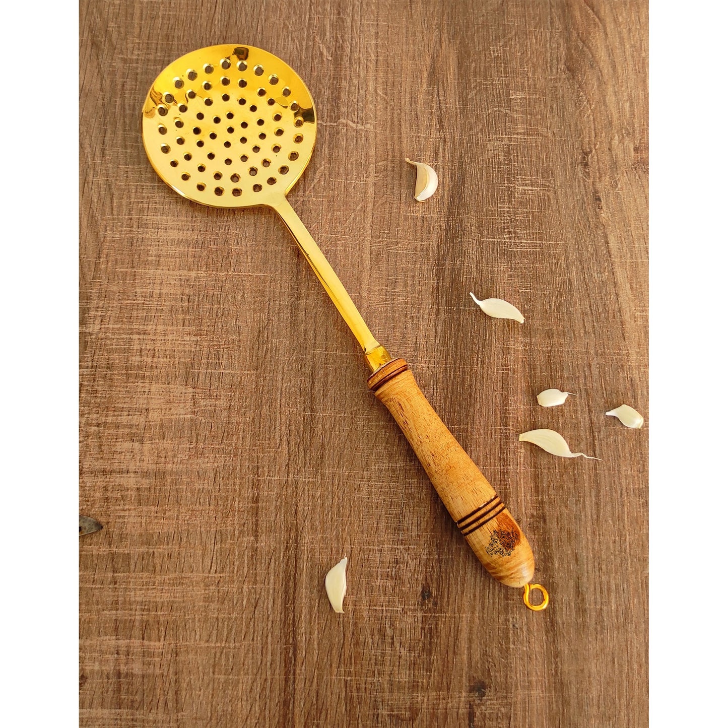 Pure Brass Gold Jhara / Skimmer / Frying Spoon With Wooden Handle - Length - 35.56 cm