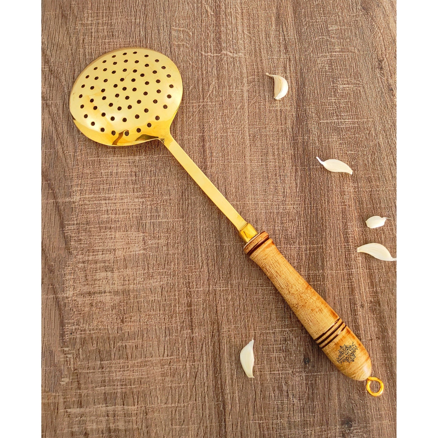 Pure Brass Gold Jhara / Skimmer / Frying Spoon With Wooden Handle - Length - 35.56 cm