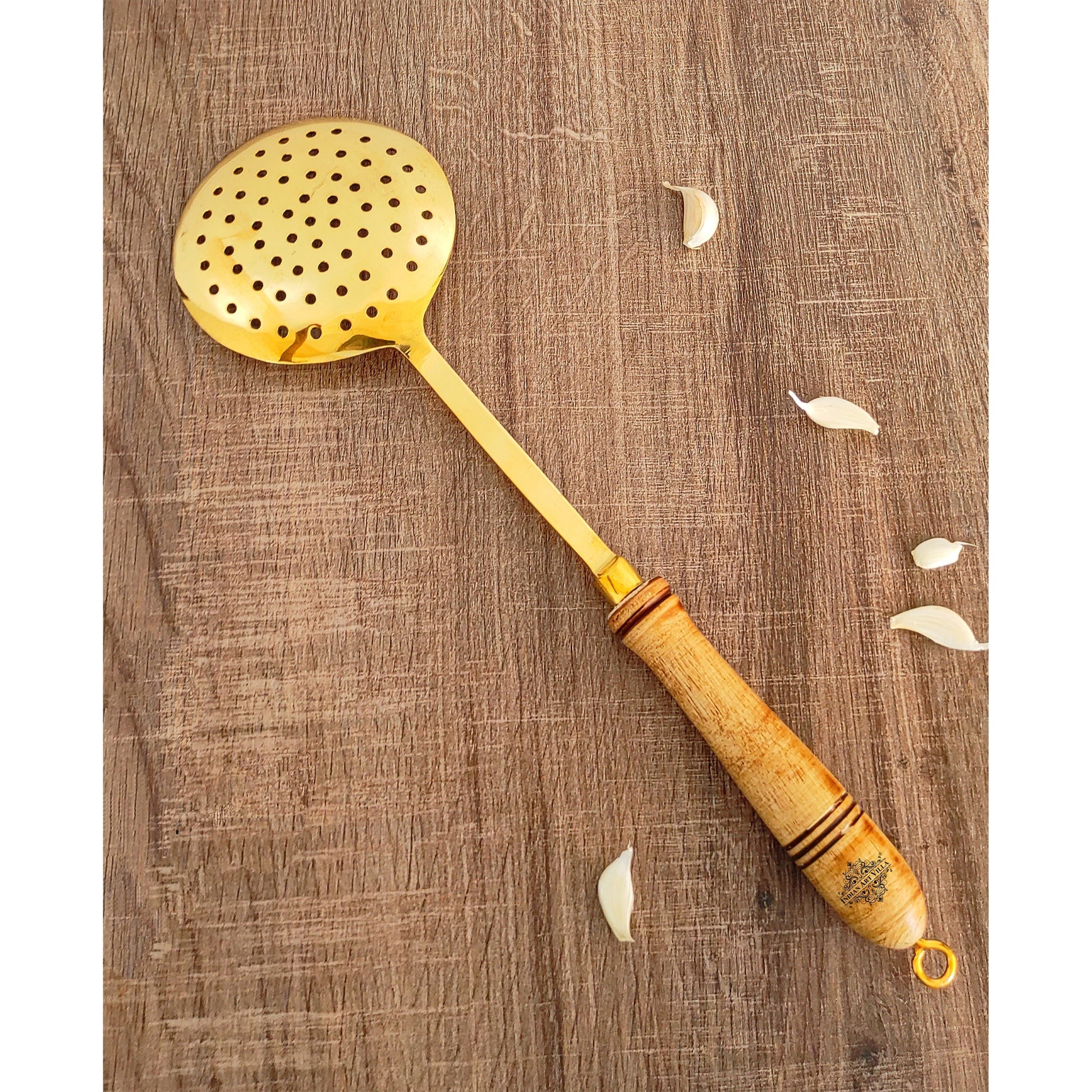 Pure Brass Gold Jhara / Skimmer / Frying Spoon With Wooden Handle - Length - 35.56 cm