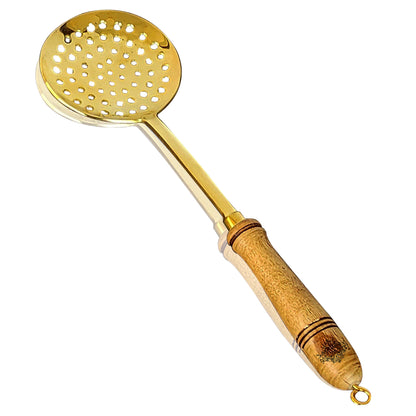 Pure Brass Gold Jhara / Skimmer / Frying Spoon With Wooden Handle - Length - 35.56 cm