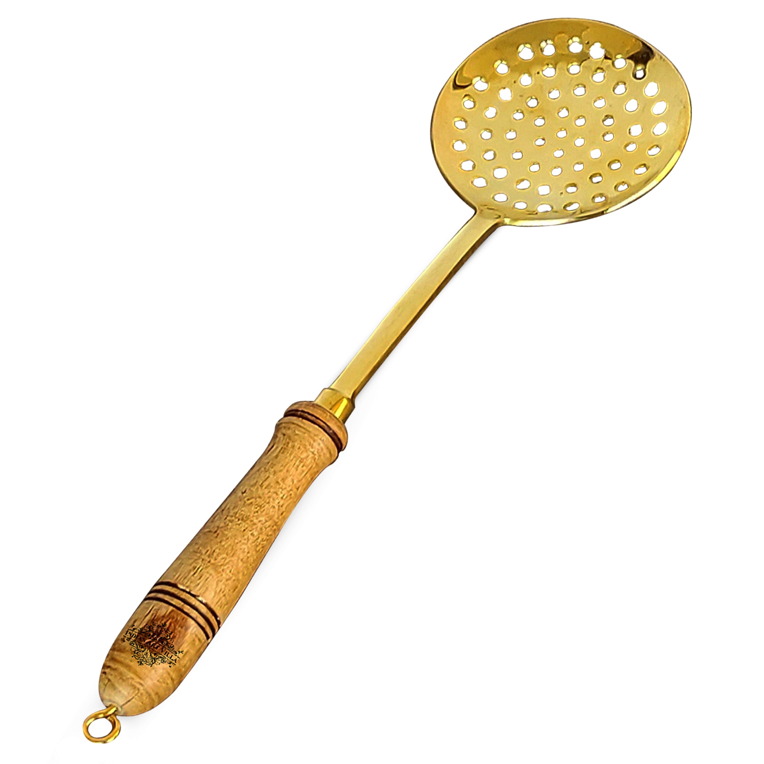 Pure Brass Gold Jhara / Skimmer / Frying Spoon With Wooden Handle - Length - 35.56 cm