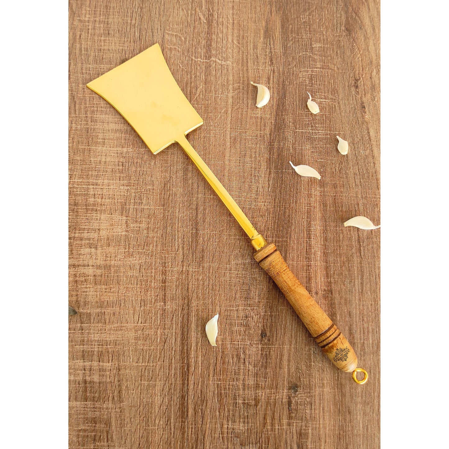 Pure Brass Gold Tavetha / Flat Turner for Dosa, Roti, Chapati With Wooden Handle - Length - 36.83 cm