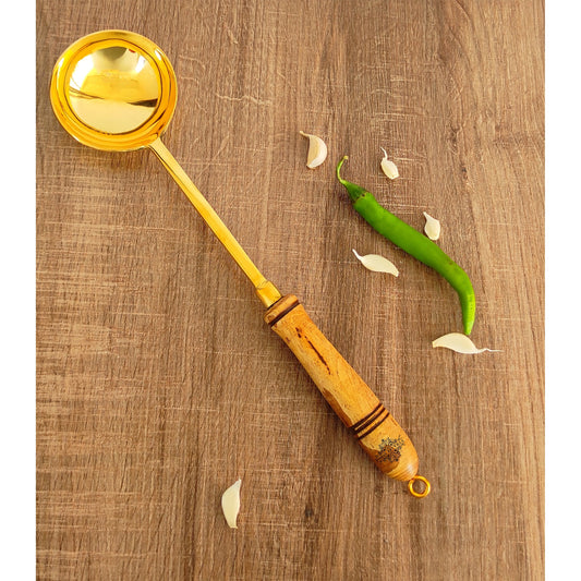 Pure Brass Gold Ladle With Wooden Handle - Length - 35.05 cm