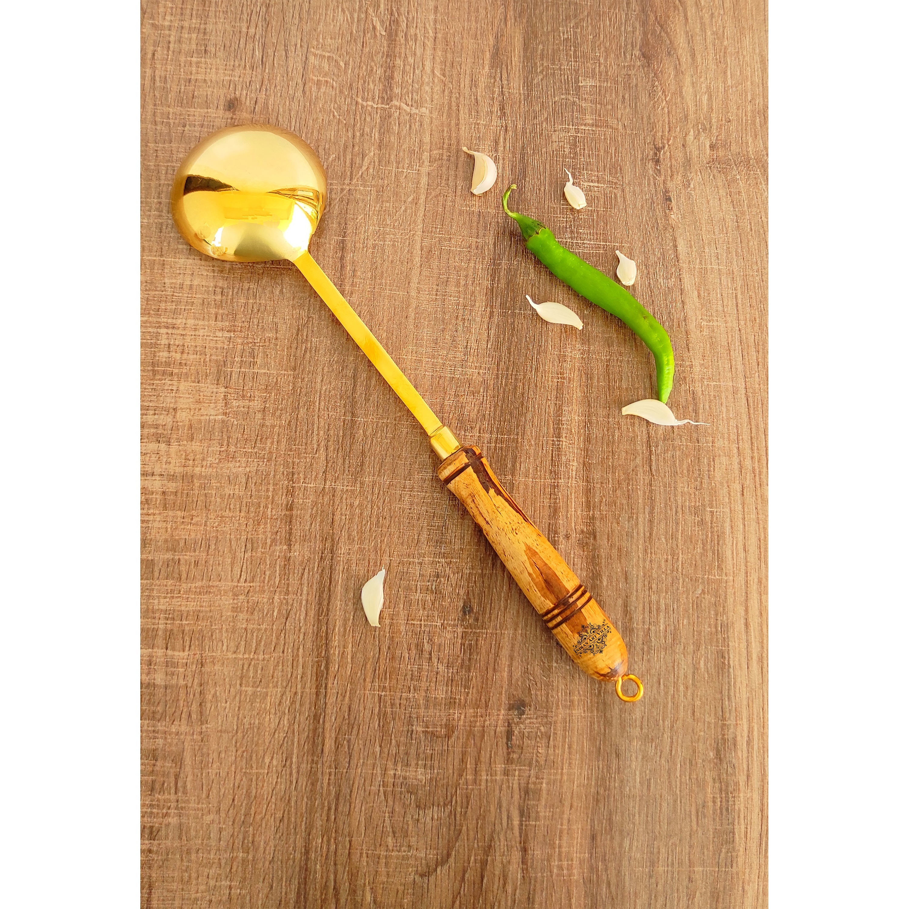 Pure Brass Gold Ladle With Wooden Handle - Length - 35.05 cm
